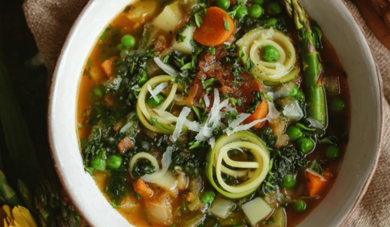 Spring Vegetable Minestrone in a bowl with asparagus and peas