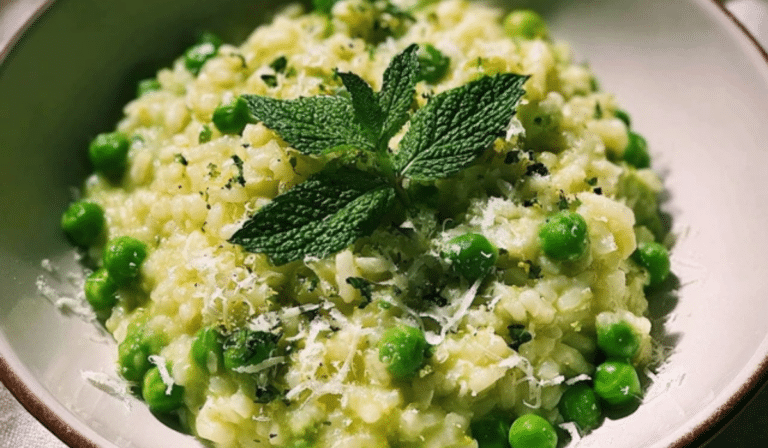 Spring Pea Risotto with Mint topped with lemon zest and parmesan