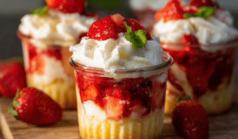 Strawberry Shortcake Cups layered with strawberries, cake, and whipped cream