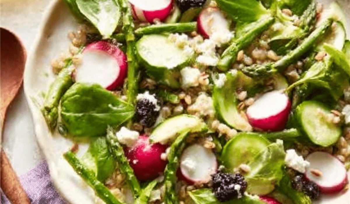 pring Grains and Greens Salad with Honey on a platter