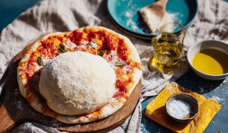 Homemade pizza dough ball on floured board, ready to rise