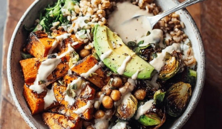 Warm Ancient Grain Bowl with farro, roasted veggies, and tahini drizzle