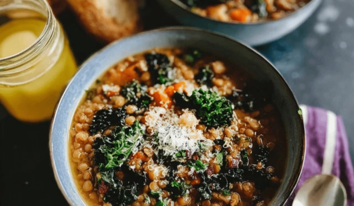 Tuscan Lentil Kale Soup in a bowl with steam and bread