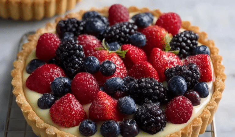 Easy mixed berry tart with glossy fresh berries on creamy filling