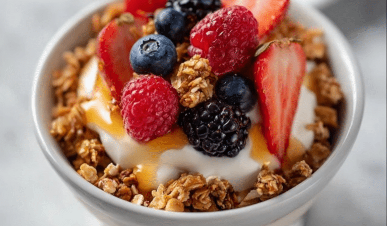 Greek Yogurt Parfait Bowl with Granola and Berries topped with honey and fresh fruit
